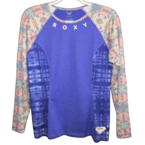 Roxy Rash Guard Blue Long Sleeve Swim Top Womens Size L Tie Dye Surf Beach Heart - Picture 1 of 7